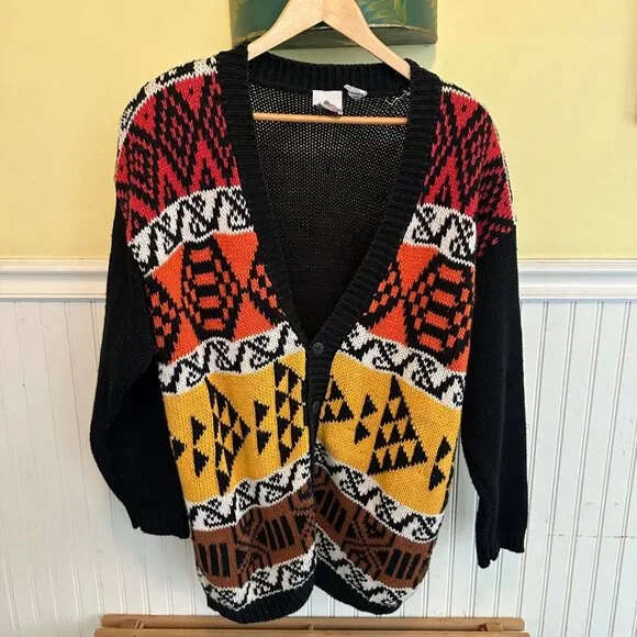 Canteen M Vintage Oversized Cardigan Sweater Geometric Pattern Black/Yellow - Picture 1 of 5